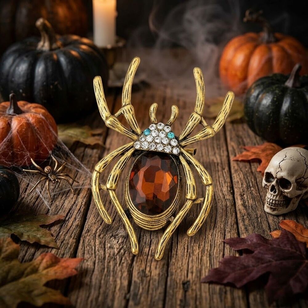 Rhinestone Brown Spider Brooch Halloween Pin